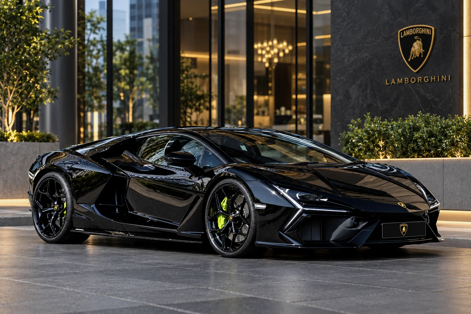 Black mid-engined supercar photographed outside a showroom